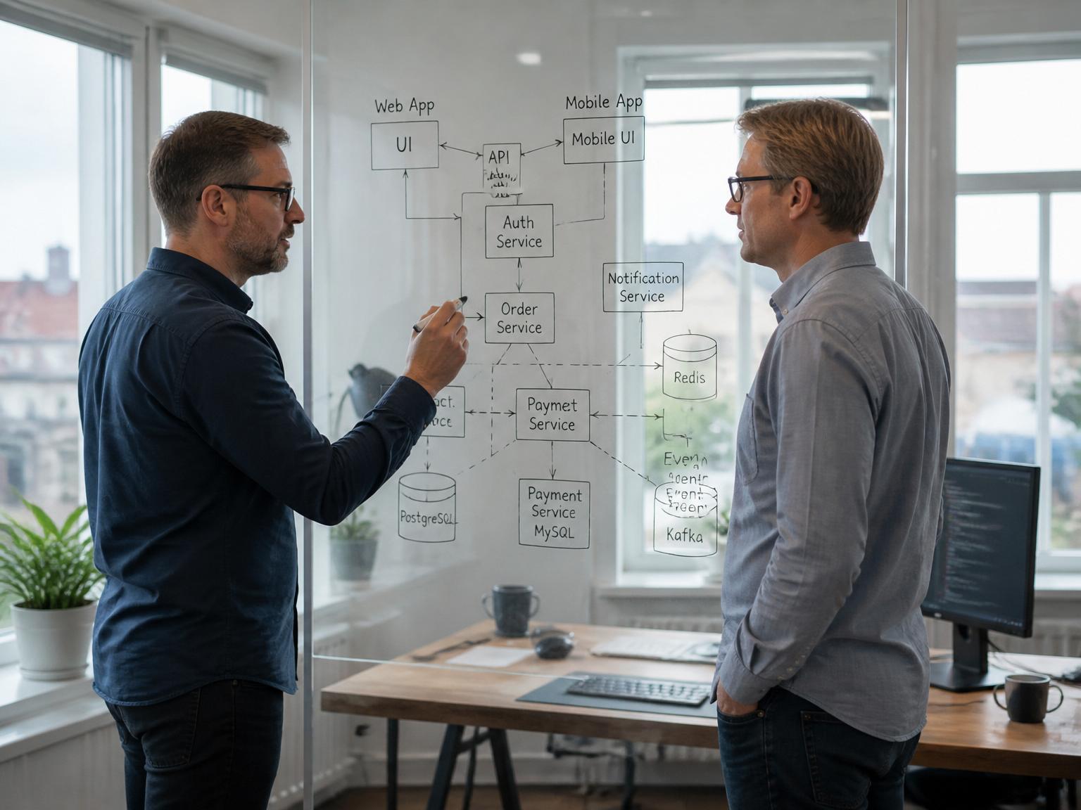 Systemarkitekter diskuterar arkitekturdiagram